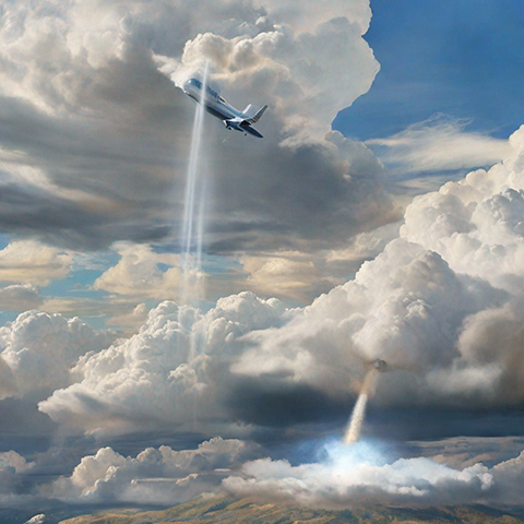 Aircraft dispersing cloud seeding chemicals into a cloudy sky.