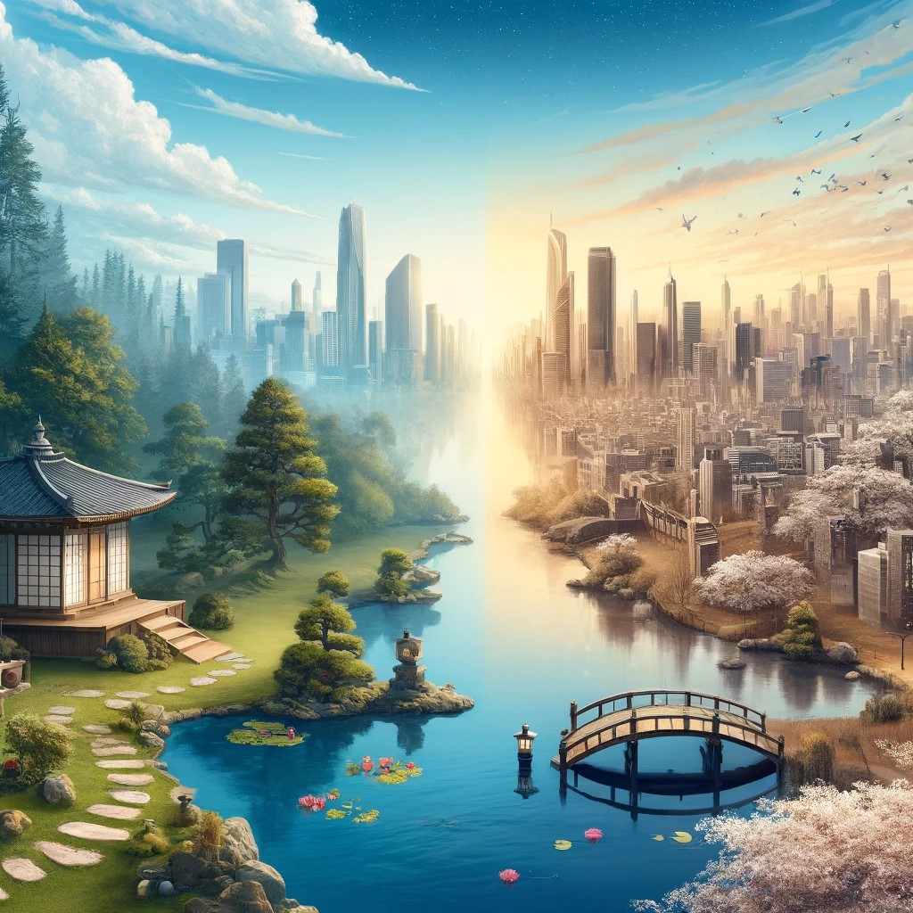 A serene landscape showing a Japanese garden and a Western city skyline, symbolizing the integration of Eastern and Western cultures.
